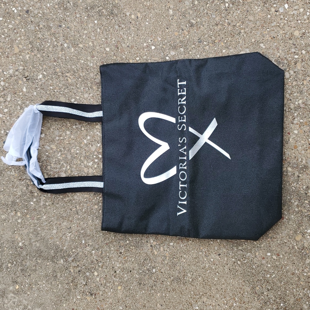 Victoria's Secret Black Silver Heart Sparkle Canvas Tote Bag Beach Logo